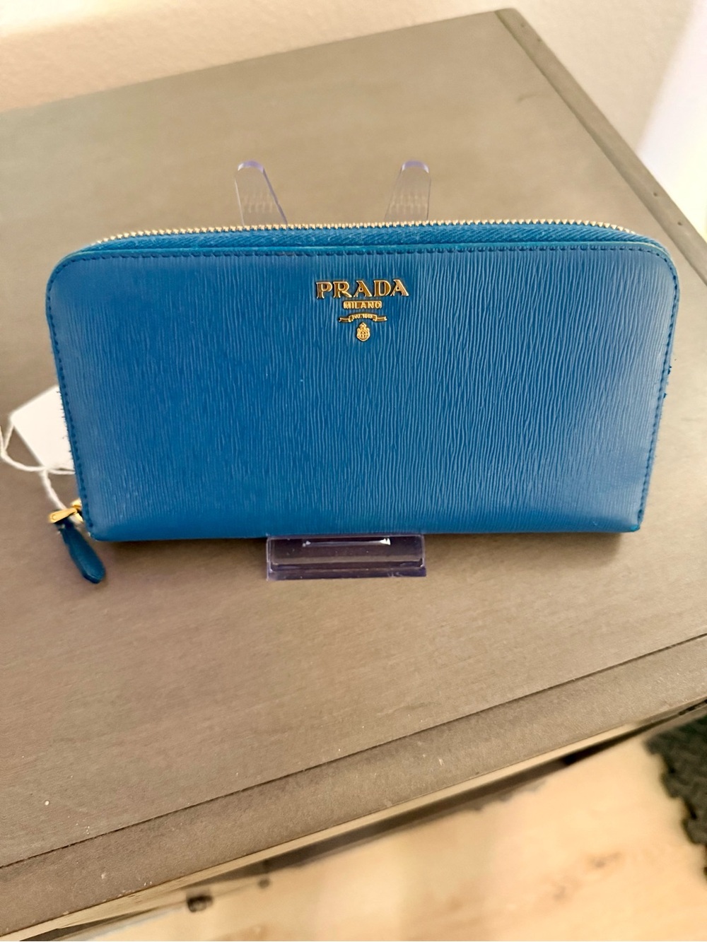 Prada Bright Blue Saffiano Zip-Around Wallet with Gold Logo